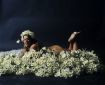 A paleskinned fat woman with dark hair lies front-down and naked upon a bed of white daisy-like flowers. Her head is held high with a wide smile looiing into the camera. We can see her head, one shoulder, a bit of buttock, and her feet up in the air. One hand is just visible holding a flower next to her face, and we see another flower held between her toes so it lies just on the sole of one foot.