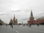 Saint Basil's Cathedral and Spasskaya Tower of Moscow Kremlin at Red Square in Moscow