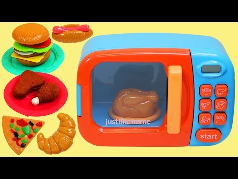 Just Like Home Toy Microwave Oven Play Kitchen & Play Doh Steak Chicken Dinner!