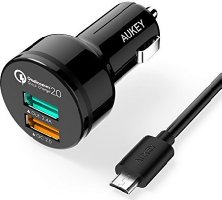 AUKEY Quick Charge 2.0 Cargador de Coche 30W Doble Puerto(5V / 2.4A y Quick Charge 2.0) con Tecnología AiPower para iPhone 6s/ 6s Plus, Samsung, HUAWEI, HTC, Motorola con Cable Micro USB(1m) (Negro)