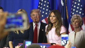 In a Saturday, Feb. 20, 2016 file photo, Melania Trump, the wife of Republican presidential candidate Donald Trump, addresses supporters of her husband’s campaign in Spartanburg, South Carolina.