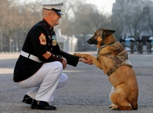 Gunnery sergeant Christopher Willingham, of Tuscaloosa, Alabama, USA, poses with retired US Marine..