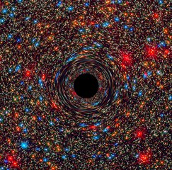 This computer-simulated image shows a supermassive black hole at the core of a galaxy.