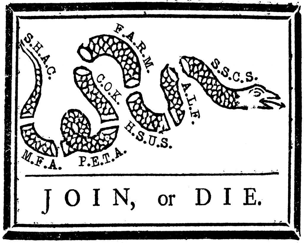 Join or Die sticker for animal rights and animal liberation activists, uniting social movements.