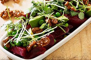 Beetroot and avocado salad with miso dressing and walnut brittle.