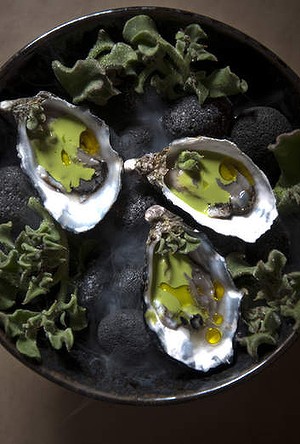 Oysters, watercress emulsion and ice plant.