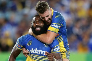 SYDNEY, AUSTRALIA - MARCH 18:  Semi Radradra of the Eels celebrates scoring a try with team mate Clint Gutherson during ...