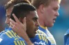 Michael Jennings celebrates with his Eels teammates after scoring a try against the Raiders.