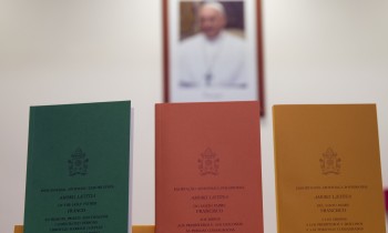 Copies of the post-synodal apostolic exhortation Amoris Laetitia ('The Joy of Love') document are on display prior to the start of a press conference at the Vatican (AP Photo/Andrew Medichini)