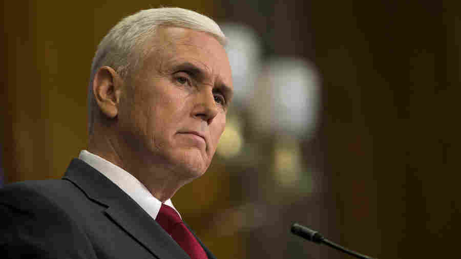 Indiana Gov. Mike Pence speaks during a press conference March 31, 2015, at the Indiana State Library in Indianapolis.