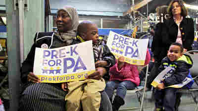 Khadija Sabir of Lovie Lee's Stars of Tomorrow preschool in Philadelphia attends a soda tax rally with three of her charges. The proposed tax promises to pay for public preschools, parks and recreation centers.