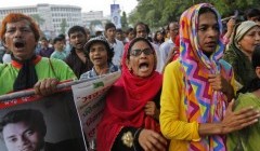 People take out a march demanding arrest of three motorists wko hacked and shor to death student activist Nazimuddin Samad in Dhaka