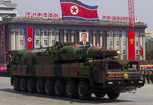 In this Sunday, April 15, 2012 file photo, a North Korean vehicle carrying a missile passes by during a mass military parade in Pyongyang's Kim Il Sung Square to celebrate the centenary of the birth of late North Korean founder Kim Il Sung.