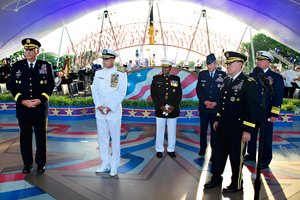 From left, U.S. Army Chief of Staff Gen. Raymond T. Odierno; Navy Adm. James A. Winnefeld Jr., vice chairman of the Joint Chiefs of Staff; Marine Corps Lt. Gen. Willie J. Williams, director of Marine Corps Staff; Air Force Chief of Staff Gen. Norton A. Schwartz; Army Gen. Martin E. Dempsey, chairman of the Joint Chiefs of Staff; and Coast Guard Vice Adm. John P. Currier, vice commandant of the U.S. Coast Guard; rehearse on stage before the start of the National Memorial Day concert at the National Mall in Washington, D.C., May 27, 2012. (U.S. Army photo by Staff Sgt. Teddy Wade/ Released)