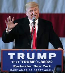 Republican presidential candidate Donald Trump speaks during a rally at JetSmart Aviation Services on Sunday, April 10, 2016, in Rochester, N.Y. (AP Photo/Mike Groll)