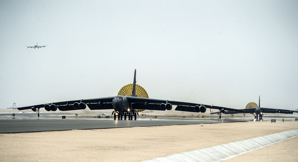 U.S. Air Force B-52 Stratofortress aircraft from Barksdale Air Force Base, Louisiana, arrive at Al Udeid Air Base, Qatar, April 9, 2016. (U.S. Air Force photo by Tech. Sgt. Nathan Lipscomb/Released)