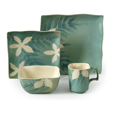 GIB - Gibson Spring Grove Stoneware Dinnerware 16 Piece Set - Whatever the weather may be, it'll always be summer with this vibrant dinnerware set. Featuring flowers and palms, this summery set includes 4 sets of dinner plates, dessert plates, bowls, and mugs. Made of stoneware and finished with a reactive glaze, this sturdy dinnerware set is safe for the dishwasher, microwave, and the oven up to 350-degrees. A perfect dinnerware set for a tropical themed home, or for those who simply love nature.