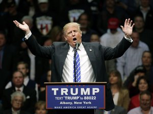 Republican presidential candidate Donald Trump speaks during a rally at the Times Union Center on Monday, April 11, 2016, in Albany, N.Y.