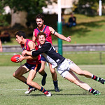 9-4-16. VAFA. Round one, 2016 Premier B season. AJAX defeated by Old Scotch. Jake Lew applies a tackle. Photo: Peter Haskin