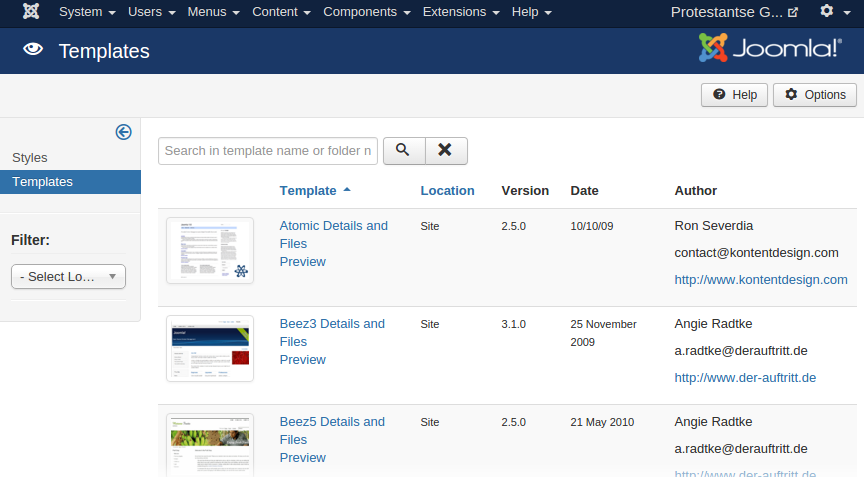 Joomla - Template Manager - Styles