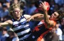 Geelong player Cameron Guthrie and GWS player Caleb Marchbank. 