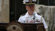 Then-Lt. Edward Lin, a native of Taiwan, shares his personal stories about his journey to citizenship to 80 newly nationalized citizens at a ceremony in Honolulu, Dec. 3, 2008. (Photo by Sarah Murphy/U.S. Navy)