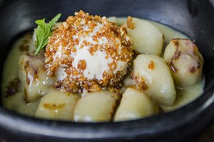 Dessert gnocchi: White chocolate and ricotta pillows with vanilla ice-cream and macadamia.