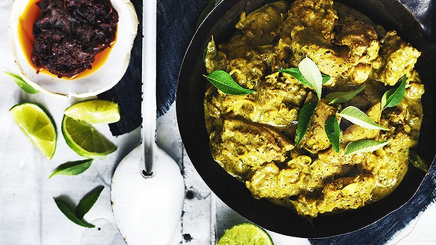 Sri Lankan chicken curry with onion sambal (top left).