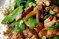 Chicken and snow peas in black bean sauce.