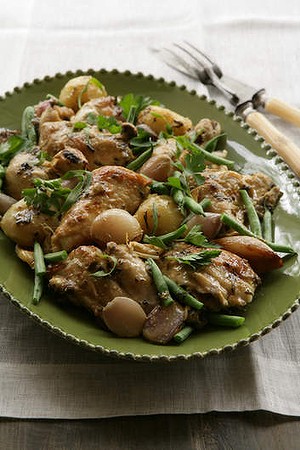 Saute of free range chicken with potatoes and shallots.