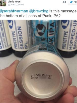 Brewers print rude message on bottom of beer cans. Picture: Twitter