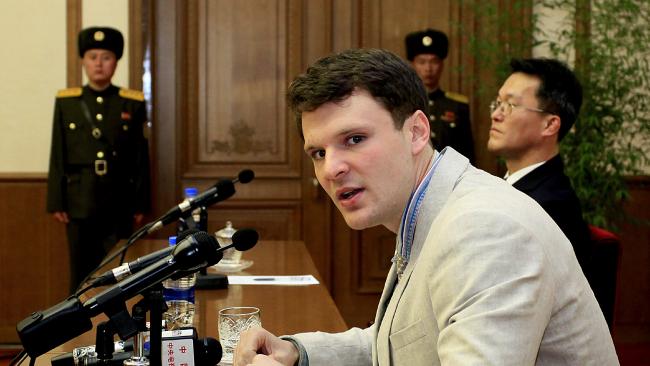 Apologetic ... American student Otto Warmbier speaks during a press conference in Pyongyang, North Korea. Picture: AP Photo/Kim Kwang Hyon