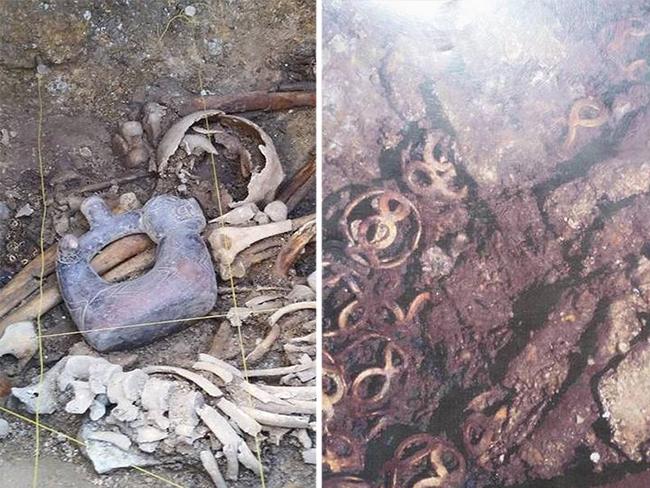 Funerary goods ... The serpent-jaguar jug, left, and the coiled beads of the necklace found with a second priest. Source: Pacopampa / Cultural de la Nacion