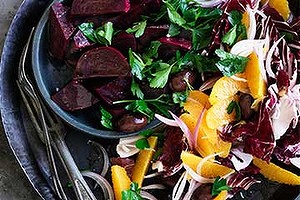 Beetroot, orange and olive salad.