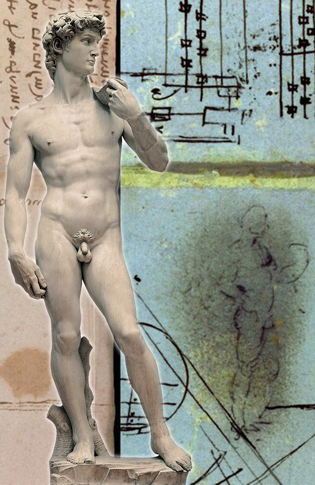 Compare for yourself ... The recovered erased sketch by Leonardo da Vinci and, inset, Michelangelo’s famous statue of David.