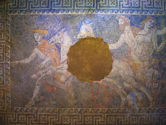 Archaeologists digging through an ancient grave at Amphipolis, northern Greece, uncovered this 3-by-4.5 metre mosaic in what is likely the antechamber to the main burial room. Pic: AP Photo/Greek Culture Ministry