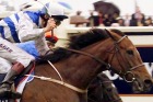 Jockey Scott Seamer rides Ethereal across the finish line to win the Melbourne Cup as jockey Richard Hills (rear) atop ...