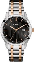 Bulova Classic Dress Men's Quartz Watch with Black Dial Analogue Display and Two Tone Stainless Steel Rose Gold Plated Bracelet 98B264