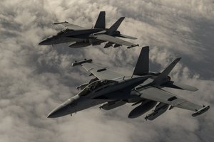 File - U.S. Navy F-18 Hornet fighters fly over Iraq, March 3, 2016. Army Col. Steve Warren, the spokesman for Operation Inherent Resolve, briefed reporters from Baghdad today about the progress of the counter-ISIL coalition and its partners on the ground in Syria and Iraq.