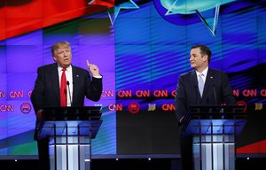 File - Republican presidential candidate, businessman Donald Trump speaks, as Republican presidential candidate, Sen. Ted Cruz, R-Texas, listens, during the Republican presidential debate sponsored by CNN, Salem Media Group and the Washington Times at the University of Miami, Thursday, March 10, 2016, in Coral Gables, Fla.