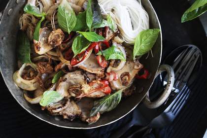 Neil Perry's wok-fried duck (or chicken) with coconut milk and vermicelli.