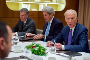 File - Vice President Joe Biden, flanked by U.S. Secretary of State John Kerry and Special Representative for Afghanistan and Pakistan Richard Olson, addresses Pakistan Prime Minister Nawaz Sharif and Afghanistan President Ashraf Ghani on January 21, 2016, at the Intercontinental Hotel in Davos, Switzerland.