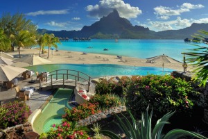 The pool at Le Meridien, Bora Bora, has a stunning outlook.