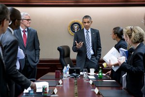 President Barack Obama concludes a National Security Council meeting in the Situation Room of the White House in advance of his trip to Saudi Arabia, the United Kingdom and Germany, April 19, 2016.