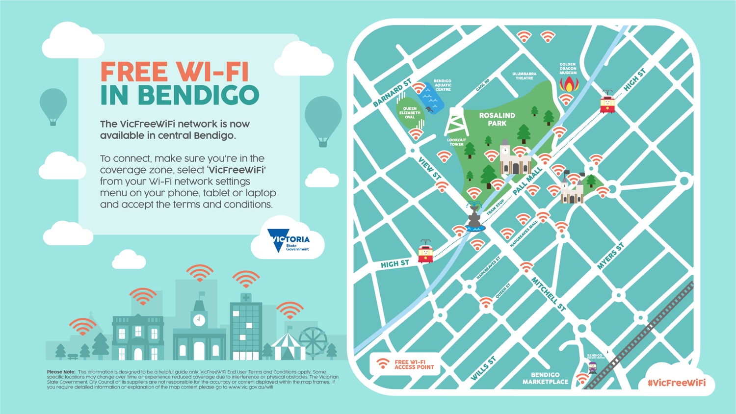 Map showing free Wi-Fi in Bendigo