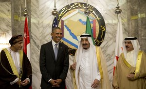 From left, Oman's Deputy Prime Minister Fahd bin Mahmoud al-Said, Saudi Arabia's King Salman, U.S. President Barack Obama and Bahrain's King Hamad bin Isa al Khalifa participate in the Leaders Photo with these and other Gulf Cooperation Council leaders at the Diriyah Palace during the Gulf Cooperation Council Summit in Riyadh, Saudi Arabia, Thursday, April 21, 2016.