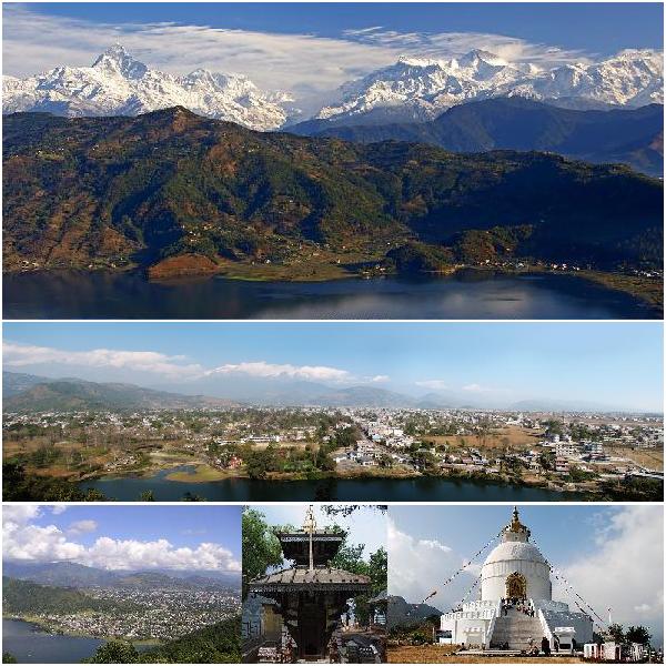 Top: View of the Annapurna Range from Pokhara; Center: Panorama of Pokhara; Bottom from left: Pokhara Valley, the Talbarahi Mandir in Phewa Tal, World Peace Pagoda in Pokhara.