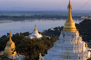 Myanmar (Burma), pagodas on Irrawaddy River banks.