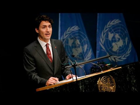 Justin Trudeau speaks at the UN before signing the Paris Agreement on climate change