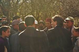 File - Dr. Yossef Ben-Meir, president of the High Atlas Foundation, a U.S.-Moroccan international development organization, talks with local people about community-driven development in a Moroccan village.